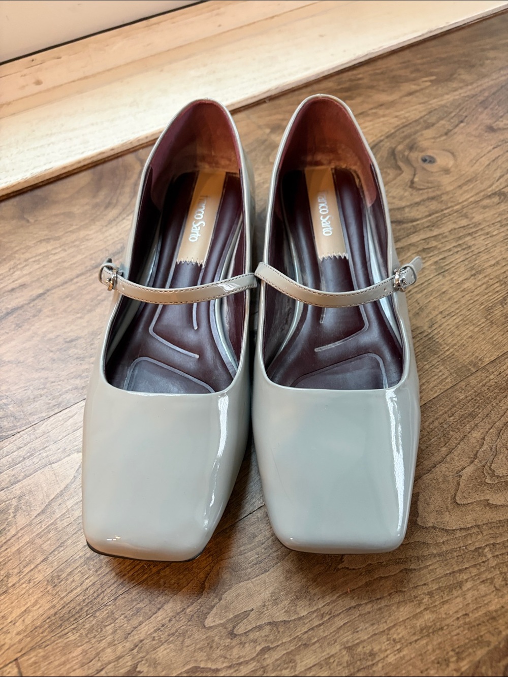 Franco Sarto Patent Square-Toe Mary Jane Flats in Light Gray